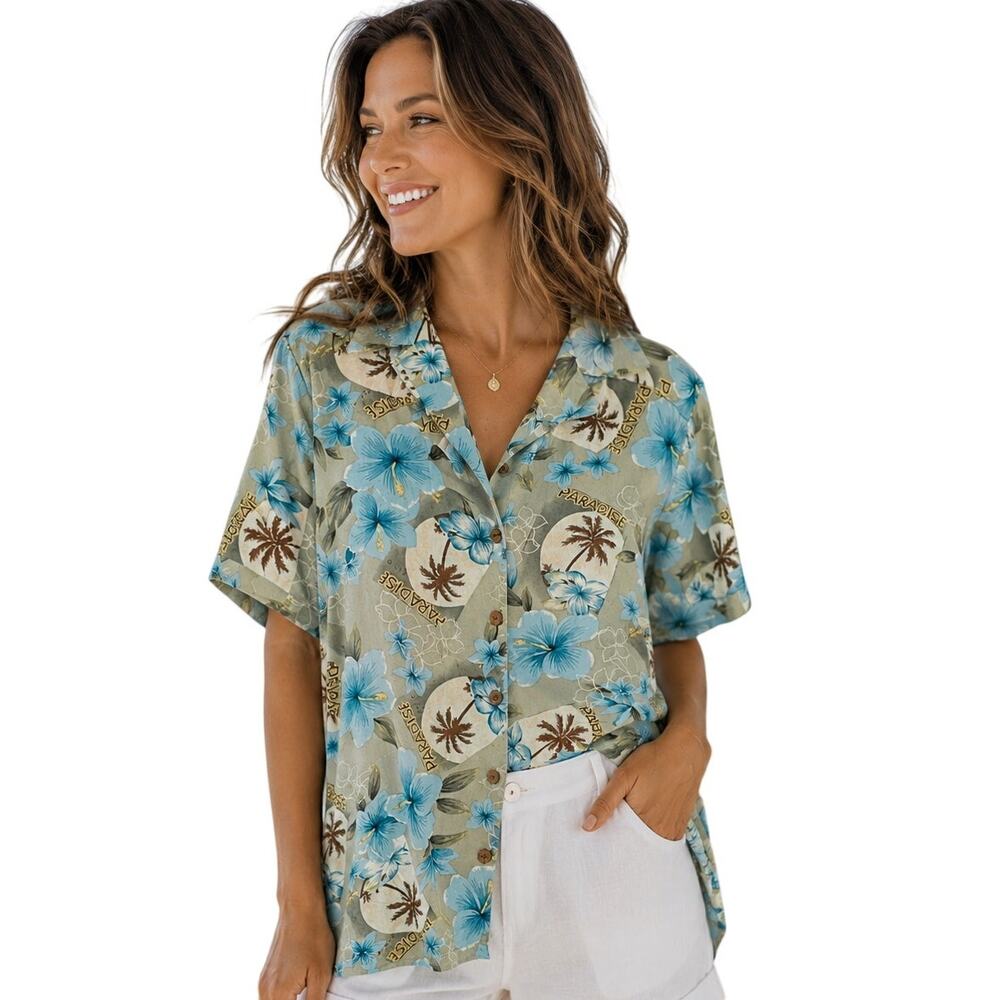 Caribbean Joe Vintage Top WOmens Size 1X Tropical Paradise Hawaiian Aloha Button